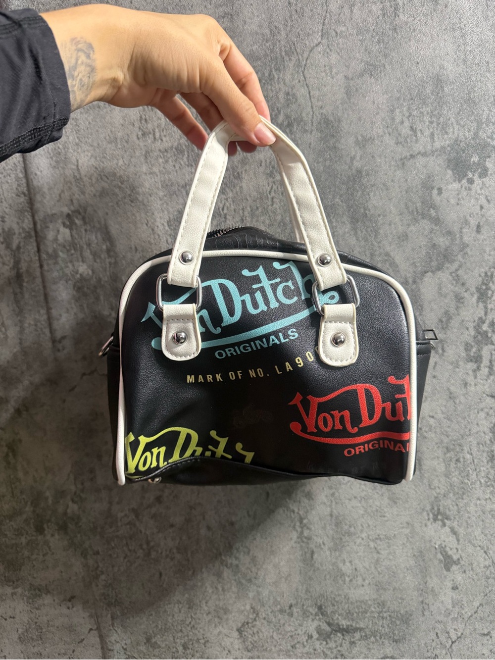Von Dutch Black Toiletry Bag with White Handles and Multicolor Logos